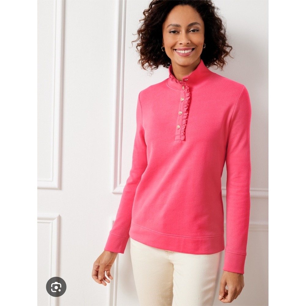 Talbots Plus Pink‎ Ruffle Trim Button Mock Neck Sweatshirt 2X LS Gold Button